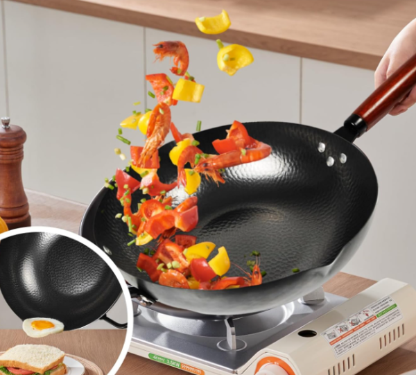 Carbon Steel Stir Fry Wok with Dual Pouring Spouts, Nonstick Flat Bottom Design, Wooden Handle and Steel Helper Grip