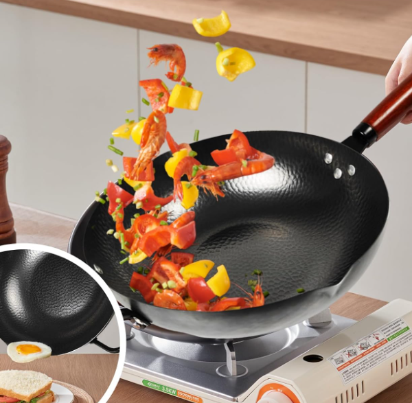 Carbon Steel Stir Fry Wok with Dual Pouring Spouts, Nonstick Flat Bottom Design, Wooden Handle and Steel Helper Grip