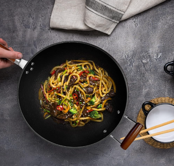 Lightweight Cast Iron Wok Pan with Wooden Handle, Pre Seasoned Nonstick Stir Fry Skillet for Asian Cuisine and Everyday Cooking