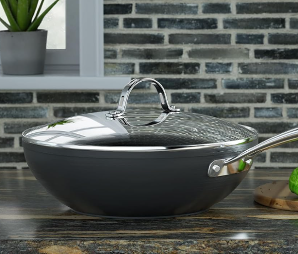 Hard Anodized Nonstick Wok Pan with Glass Lid, Flat Bottom Deep Frying Stir Fry Skillet for Modern Kitchen Cooking