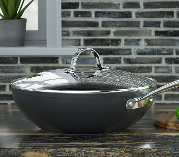 Hard Anodized Nonstick Wok Pan with Glass Lid, Flat Bottom Deep Frying Stir Fry Skillet for Modern Kitchen Cooking
