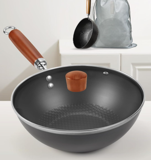 Mini Carbon Steel Wok Pan, Lightweight Flat Bottom Stir Fry Skillet for Single or Two Person Meals