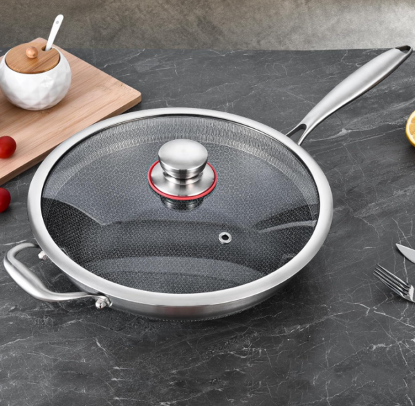 Tri Ply Stainless Steel Wok Pan with Ceramic Nonstick Coating, Lid and Long Handle, Induction Compatible Cookware