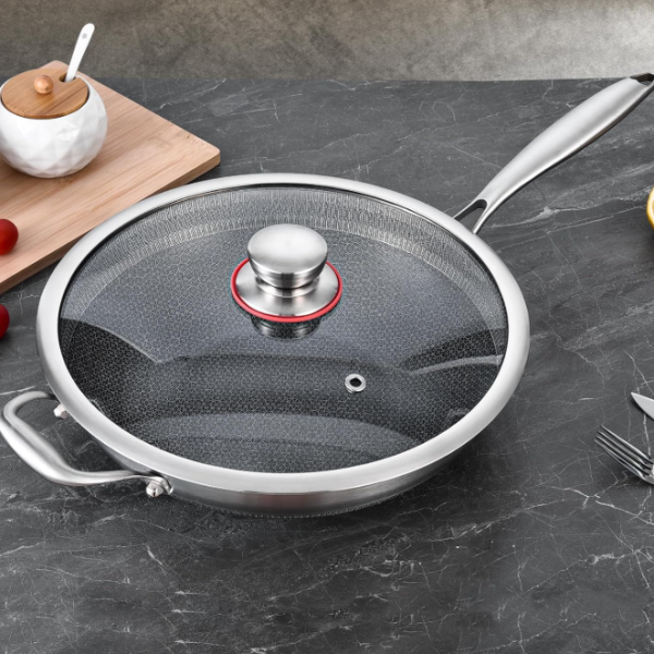 Tri Ply Stainless Steel Wok Pan with Ceramic Nonstick Coating, Lid and Long Handle, Induction Compatible Cookware