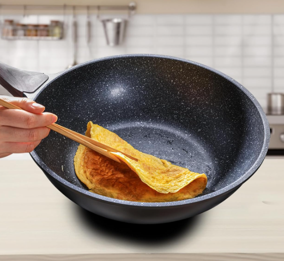 Granite Coated Nonstick Wok Pan with Lid, Stir Fry Cooking Skillet Compatible with Induction and All Stovetops